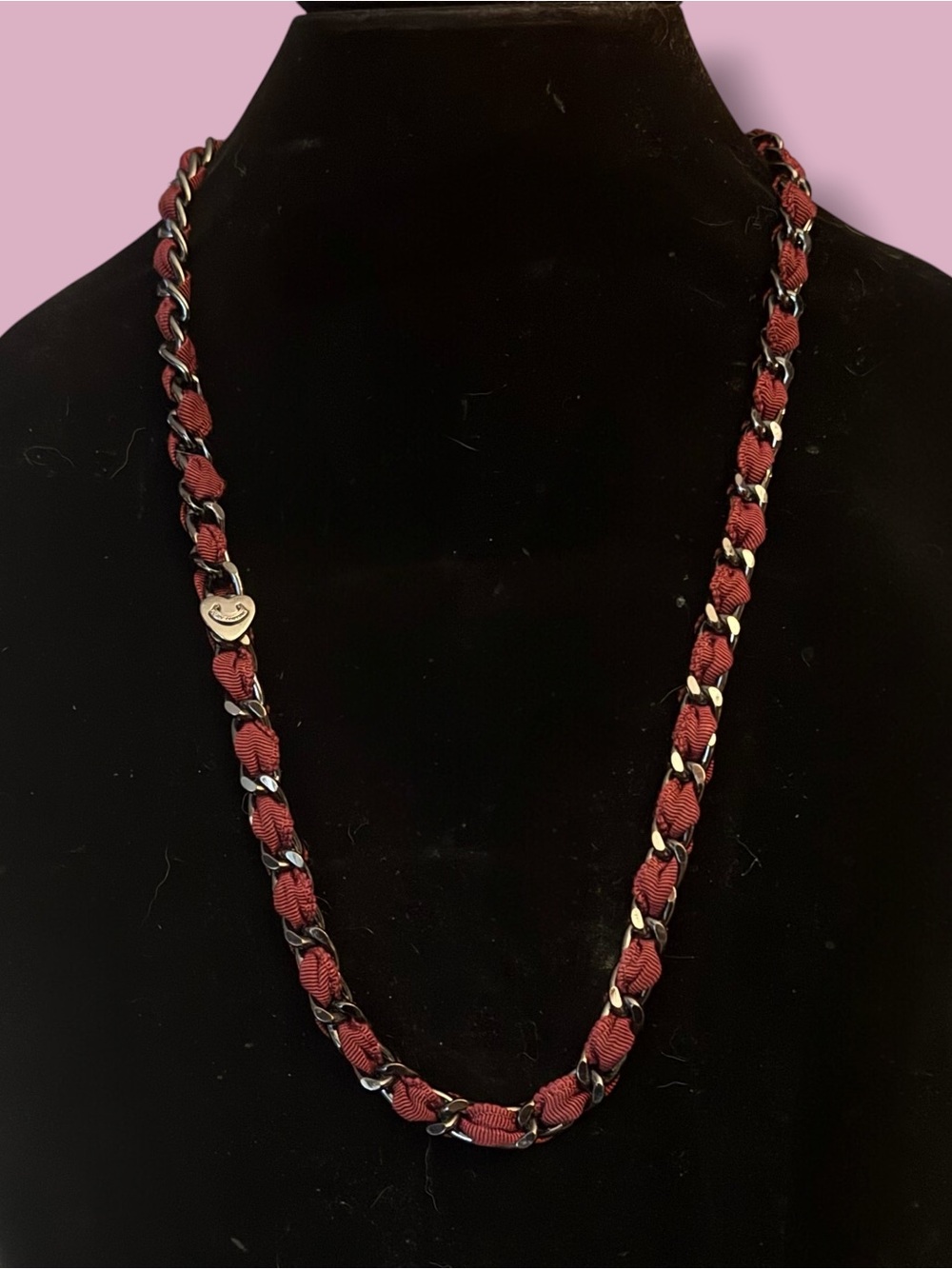 Vintage Juicy Couture gunmetal woven burgundy ribbon necklace